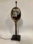 Vintage Tennis racket lamp with mirror insert, 84cm to top of fitting, on 20cm square base
