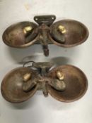 Pair Old Cattle drinking bowls up or down lights, 57cm across, each bowl 25cm in diameter, with tria