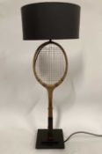 Vintage Tennis racket lamp with half shade, 92cm with shade, 81cm without, on 20cm square base
