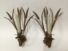 Pair of gilt metal wall sconces in the form of wheat ears, 34cm high