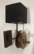 Vintage Fishing Reel wall light with box shade, 33cm in height, 18cm depth, with 14cm x 8cm wall mou
