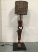 Vintage Prosthetic Leg lamp with Guinea fowl drum shade, 104cm high with shade, on 30cm x 30cm base