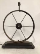 Industrial Wheel lamp, 53cm high to top of light fitting, wheel diameter 38cm on 36cm x 15cm base