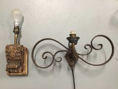 A Wood and Composite Acanthus wall sconce and another wrought iron scroll wall light