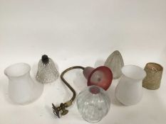A Red glass and brass wall light together with a pair white opaque glass hanging shades and three va