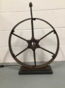 Large Industrial Wheel lamp, 70cm high to top of light fitting, wheel 52cm diameter, on 36cm x 15cm