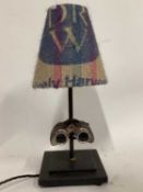 Vintage binocular lamp with cone sacking shade, 45.5cm with shade, c.32cm without, on 18cm square ba