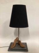 Twin Cobblers Shoe Laths lamp with tapered cone shade, 52cm without shade, 77cm with shade, on 26cm