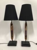 Pair Loom Shuttle lamps with cone shades, 77cm high with shade, on 18cm square bases