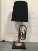 Upcycled Euphonium Lamp with large cone shade, 100cm high with shade, on 30cm square base