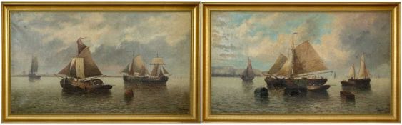 J.J. CLASSENS (19th C.) two large oils on canvas - unloading the catch, fishing boat at shallow