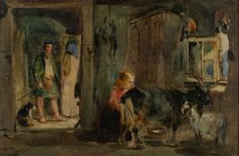 FOLLOWER OF SIR EDWIN LANDSEER RA (1802-1873), oil on board - A Highland Bothie, cottage interior