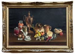 ‡ DEBORAH JONES (1921-2012) oil on canvas - still life with samovar, bread loaf, fruit,