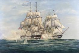 ROBERT BROOKS oil on canvas - 19th century naval war scene, titled on label verso 'An American