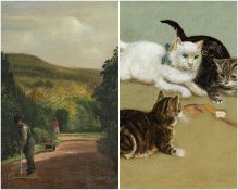 EARLY 20TH CENTURY SCHOOL oil on canvas - view of garden with gardners, indistinctly signed, 34 x