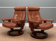 PAIR EKORNES STRESSLESS SWIVEL RECLINER ARMCHAIRS, brown leather upholstery, adjustable headrest,