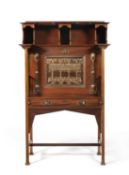 SHAPLAND & PETTER ARTS & CRAFTS MAHOGANY SECRETAIRE, shelf above pigeonholes on square pilasters