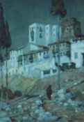 ALBERT MOULTON FOWERAKER, RBA (1873-1942) watercolour - figure with lantern outside Spanish walled