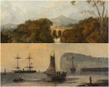 19TH CENTURY SCHOOL oil on canvas - Landscape with figures beside ornamental lake and viaduct,