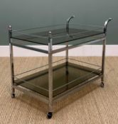 VINTAGE CHROME AND GLASS DRINKS TROLLEY, circa 1970s, smokey glass trays within rails, castors,