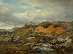 JOHN SYER (1815-1885) oil on canvas - 'Trout Fishing, Breconshire', a Welsh river landscape, The