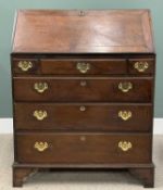 GEORGIAN OAK BUREAU, sloped fall, interior bank of pigeonholes and drawers, slim central drawer