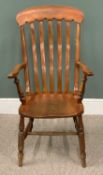 VINTAGE HIGH BACK FARMHOUSE ARMCHAIR curved crest rail, slatted back, swept arms, solid seat, turned