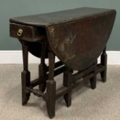 PEG-JOINED OAK ANTIQUE GATE-LEG DINING TABLE single-end drawer, turned and block supports, 73 (H)