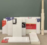 APPROXIMATELY 25 NEW BLANK ARTISTS CANVASES & A ROLLED QUANTITY OF LOOSE CANVAS, makers include
