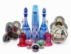 ASSORTED COLOURED GLASSWARE, including pair blue flashed decanters and a carafe, 3x minaiture lead