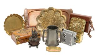 ASSORTED METALWARE & COLLECTIBLES, including Joseph Sankey art nouveau copper tray 65cms long,