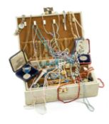 JEWELLERY BOX & CONTENTS including various earrings, lady's wristwatches, gold plated chains, beads,