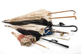ASSORTED VICTORIAN LADIES PARASOLS, including white lace parasol with bamboo handle, blue/white