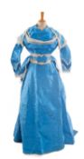 VICTORIAN ROYAL BLUE WATERED SILK DRESS, comprising sleeved bodice, skirt, bustle cover, and belt,