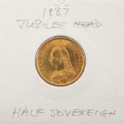 VICTORIAN GOLD HALF SOVEREIGN, 1887, Jubilee head, crowned and embellished shield-of-arms, in coin