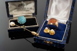 GROUP OF JEWELLERY comprising yellow metal carved carnelian intaglio ring, pair of 18ct gold pearl