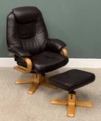 STRESSLESS TYPE SWIVEL & RECLINE ARMCHAIR & FOOTSTOOL brown leather effect, 109 (h) x 82 (w) x 50cms
