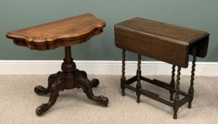 TWO VICTORIAN AND LATER TABLES, comprising a Victorian walnut fold over card table, lacking interior
