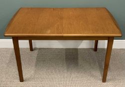 MID CENTURY TEAK EXTENDING DINING TABLE, rectangular tapering supports, single foldout central leaf,