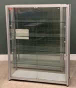 PAIR GLAZED SHOP DISPLAY CABINETS, Selquintrading label, brushed aluminium type finish, interior