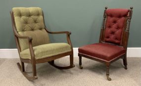 TWO ANTIQUE BUTTON BACK UPHOLSTERED CHAIRS, comprising a Regency mahogany rocker, later re-
