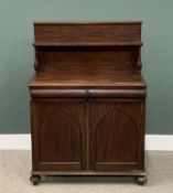 19TH CENTURY MAHOGANY CHIFFONIER, panel back, upper shelf, turned supports, two shaped frieze
