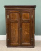 ANTIQUE OAK WALL HANGING CORNER CUPBOARD, boxwood stringing, inset panel double doors, brass H