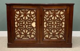 VICTORIAN MAHOGANY SIDEBOARD, twin fabric backed fretwork doors, plinth base, 95.5 (h) x 140.5 (w) x