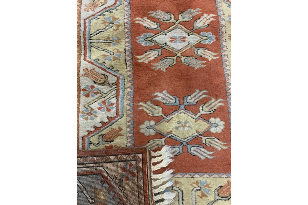 TWO EASTERN STYLE WOOLLEN RUGS, colourful red grounds, central repeating block pattern, one with - Image 5 of 5