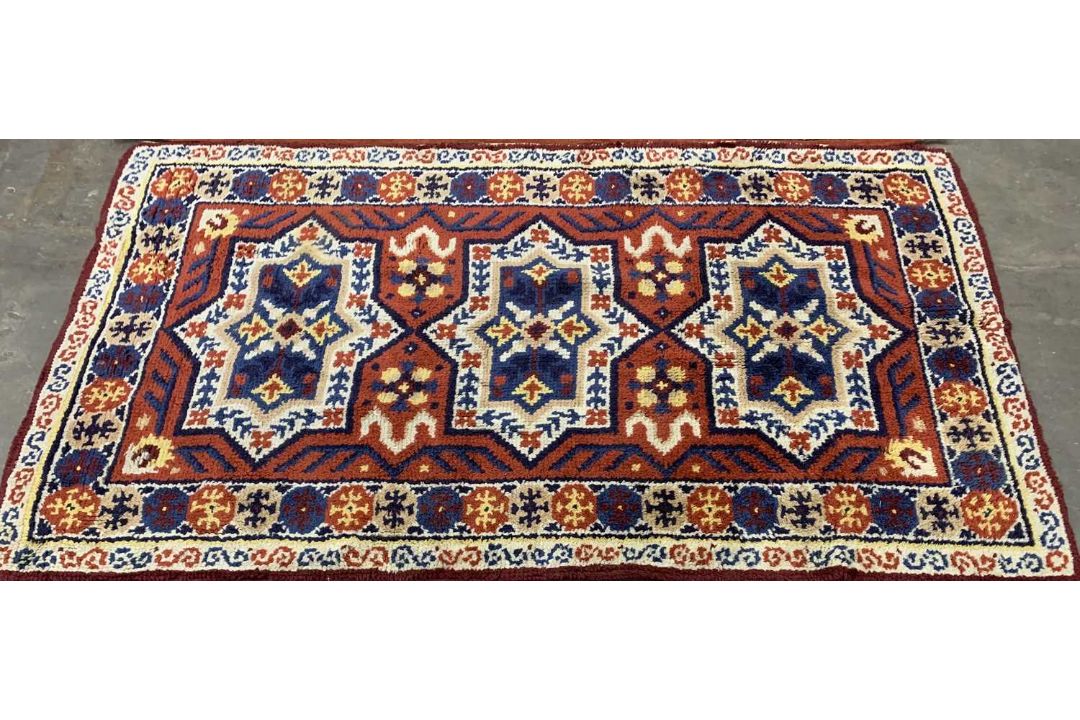 TWO EASTERN STYLE WOOLLEN RUGS, colourful red grounds, central repeating block pattern, one with - Image 3 of 5