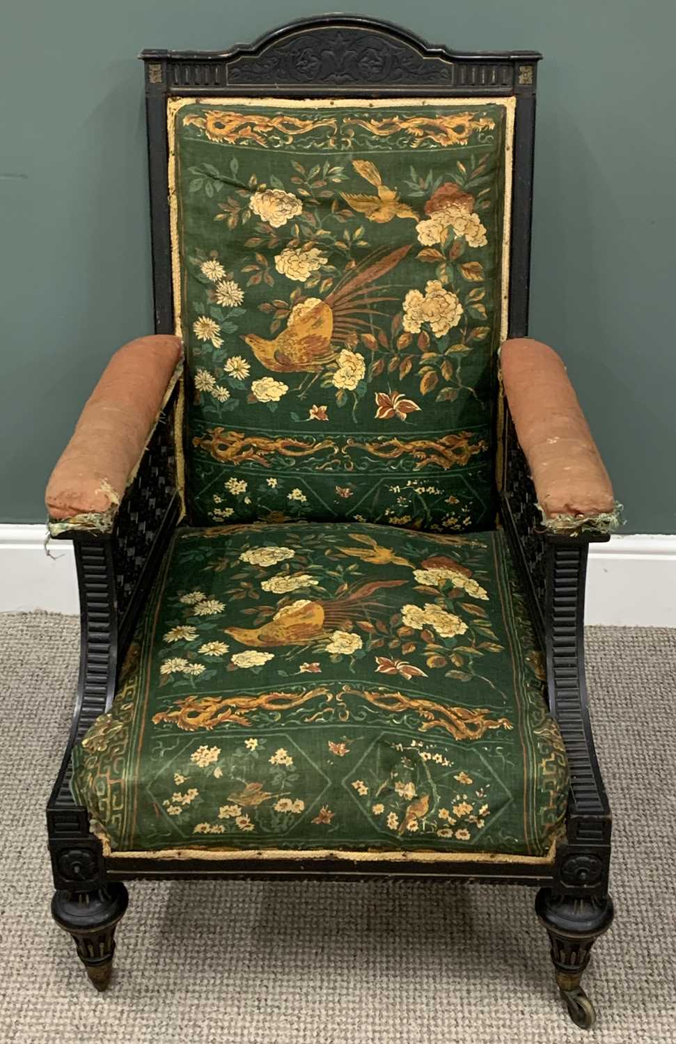 TWO VICTORIAN PARLOUR CHAIRS, comprising aesthetic movement style ebonised and gilt armchair, - Image 5 of 7