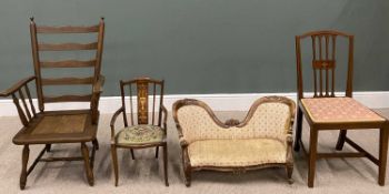 FOUR ITEMS OF VINTAGE SEATING comprising reproduction camel back carved couch, 49 (h) x 88 (w) x