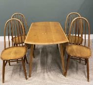 ERCOL TWIN FLAP DINING TABLE & FOUR HOOP-BACK DINING CHAIRS, 74 (h) x 69 (w closed) x 110cms (l) and