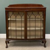 MAHOGANY RAILBACK CHINA DISPLAY CABINET, carved edge moulding, twin beaded glazed doors, fabric
